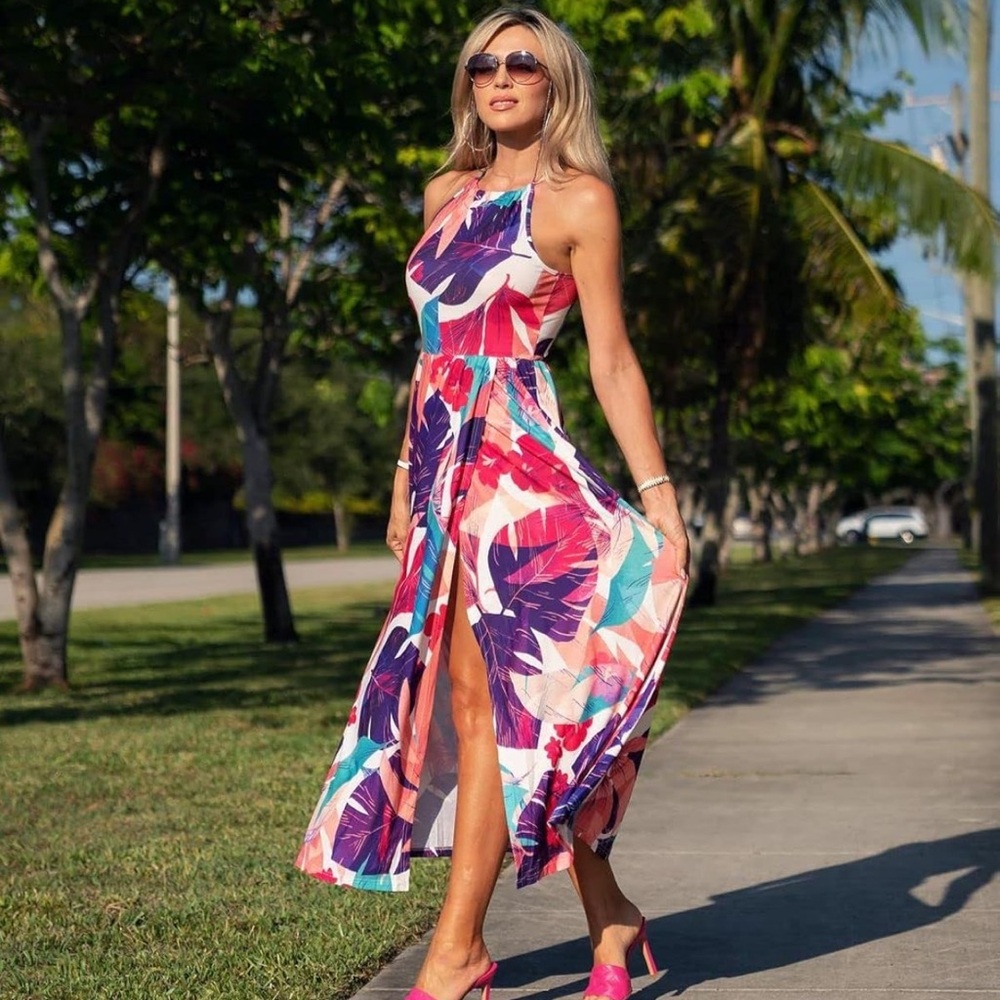 Casual Sleeveless Split Floral Sundress Beach Vacation Flowy Long Dresses Size S - Picture 3 of 3